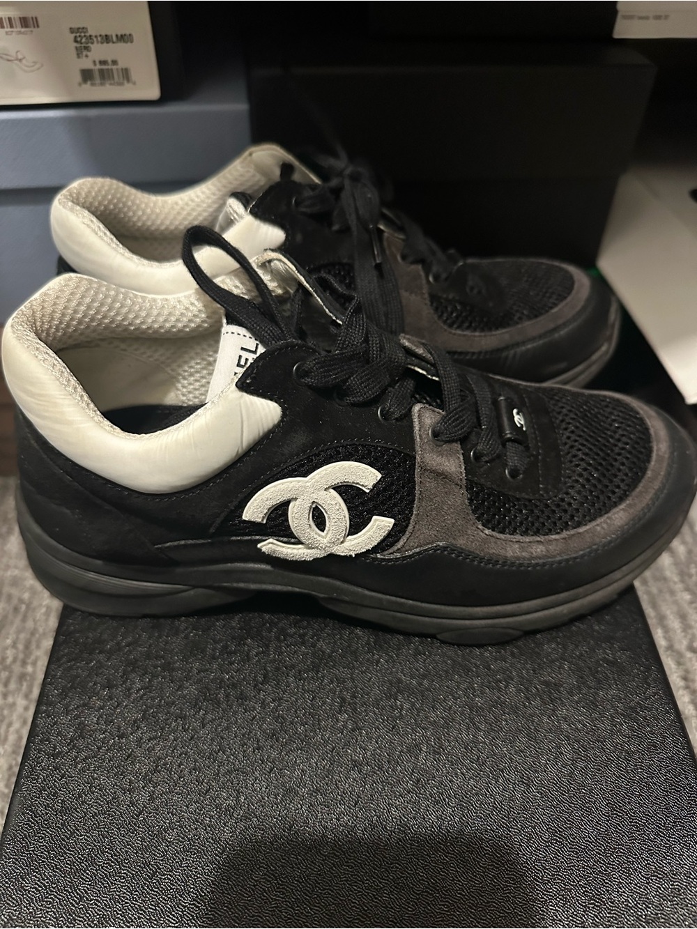 CHANEL Black, White and Gray CC Logo Athletic Sneakers